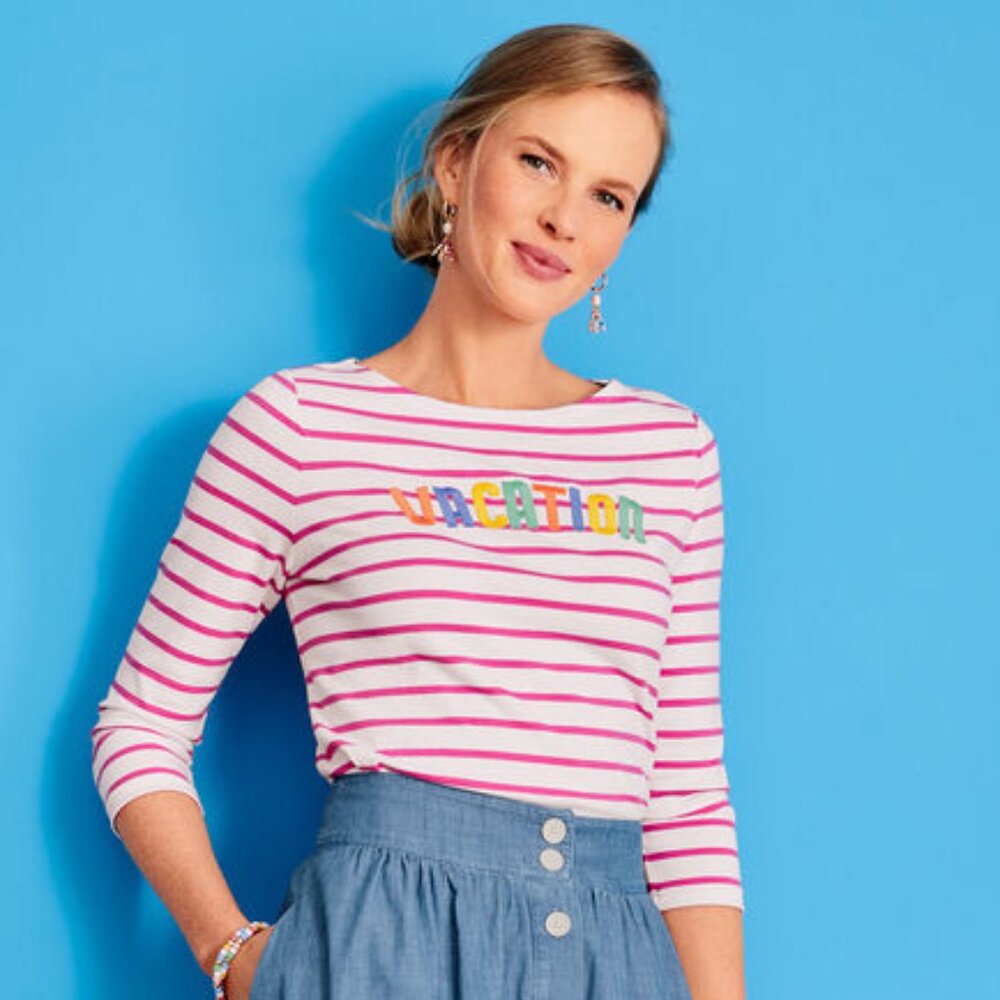 Talbots Vacation Shirt Pink White Stripe‎ Colorful Cruise Overseas Med